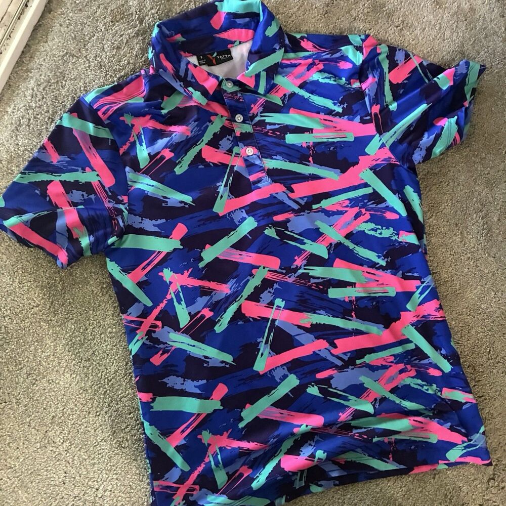 Yatta Golf Polo Blue Pink Teal 80's Colorful Print 8 Track Shirt Mens Size Small